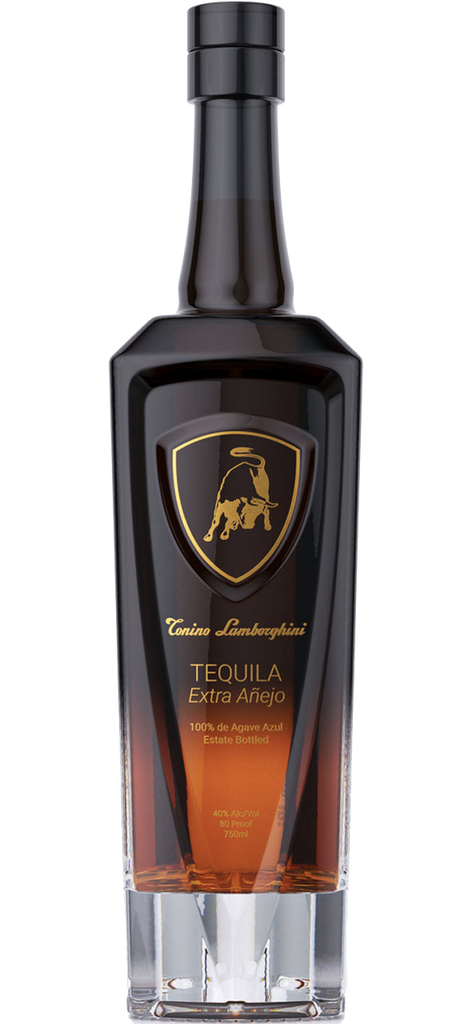 Tonino Lamborghini Tequila Extra Añejo 750ml in an elegant, dark bottle with gold and black labeling, displayed against a luxurious background, highlighting its ultra-premium, aged quality.