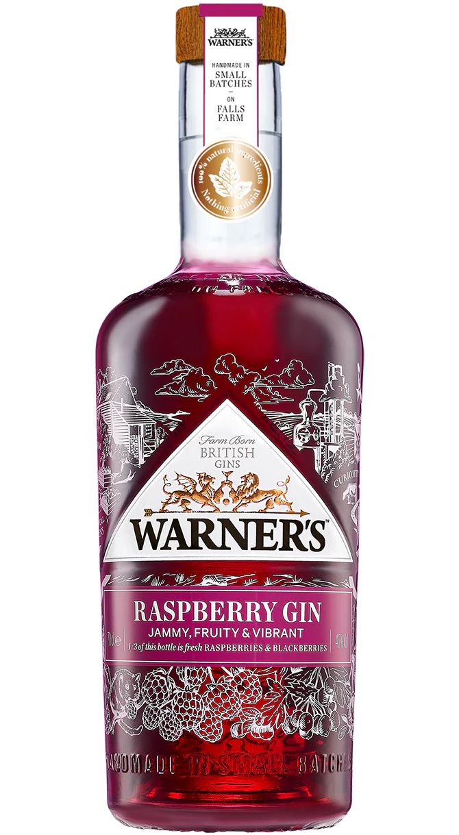 Warner's Raspberry Gin 750ml bottle on a background illustrating the English countryside, highlighting its natural raspberry infusion and artisanal English heritage