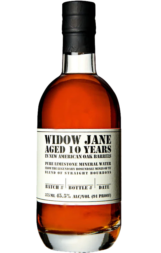 Widow Jane Bourbon Aged in American Oak Kentucky 10Yr 375ml, displayed in a distinctive, tall glass bottle with a dark label featuring elegant script and the Widow Jane logo, set against a backdrop of aged wooden barrels