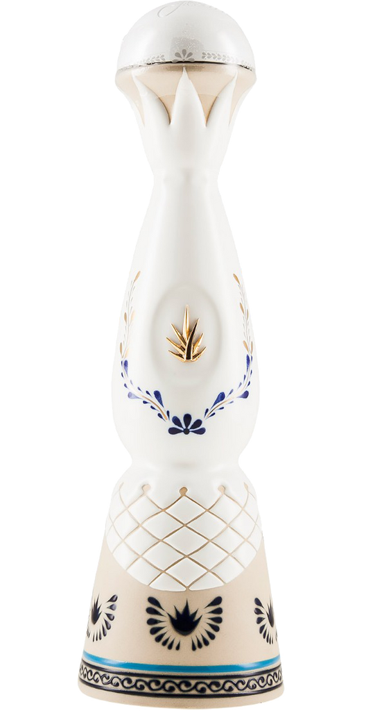 Clase Azul Tequila Añejo 750ml in a handcrafted ceramic decanter, featuring intricate blue and silver designs, filled with rich amber-colored tequila.