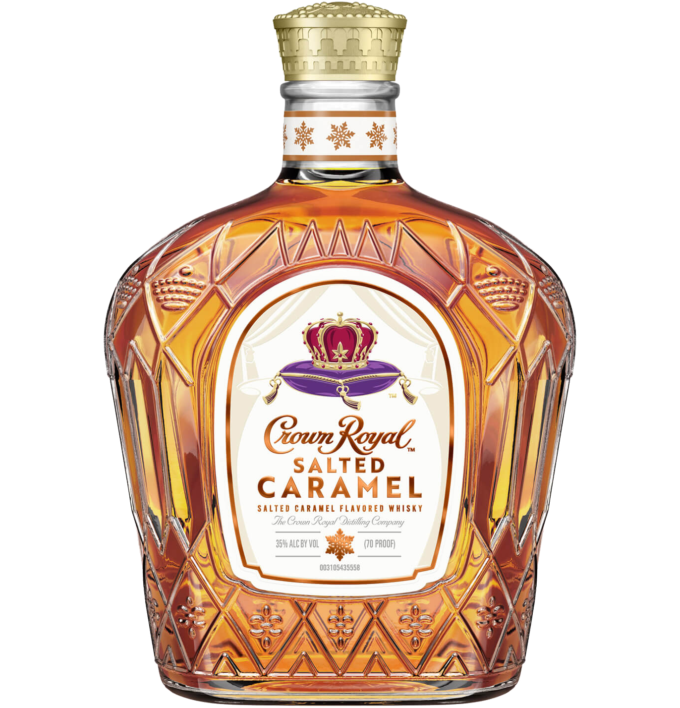 Crown Royal Salted Caramel Limited Edition Whiskey 750ml, featuring the iconic purple bag and regal bottle label with accents of gold and caramel colors, emphasizing its luxurious Canadian whiskey origins and unique salted caramel flavor.