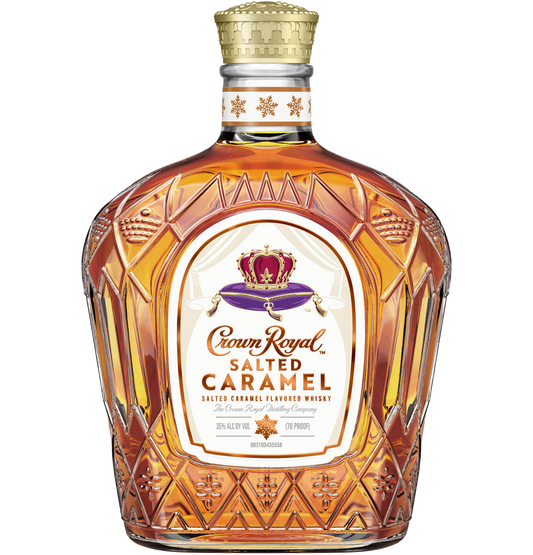 Crown Royal Salted Caramel Limited Edition Whiskey 750ml, featuring the iconic purple bag and regal bottle label with accents of gold and caramel colors, emphasizing its luxurious Canadian whiskey origins and unique salted caramel flavor.