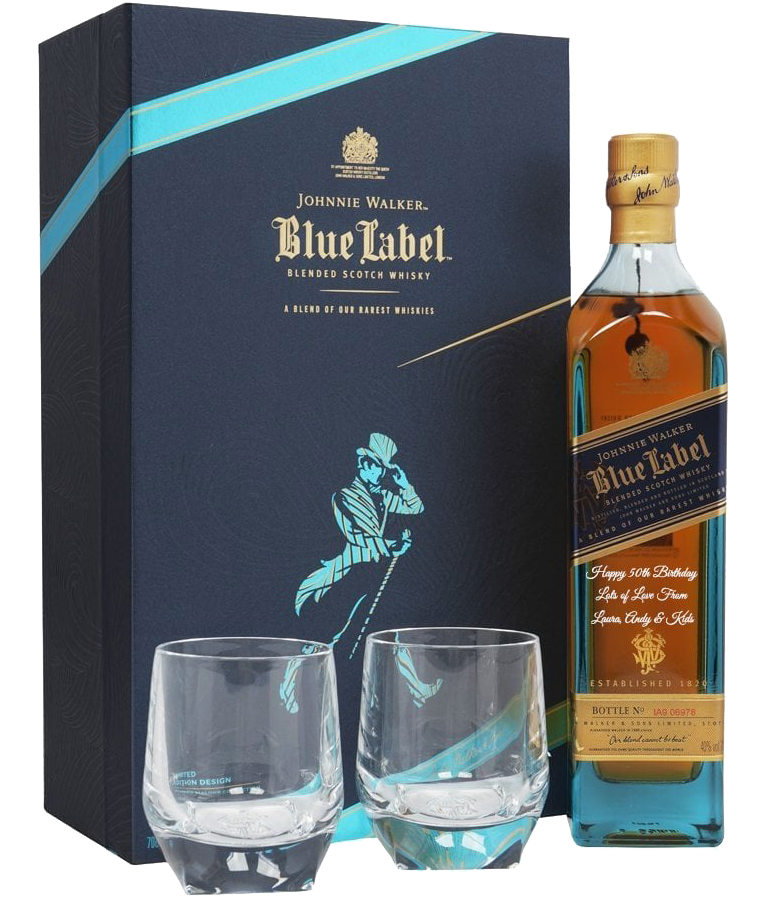 JOHNNIE WALKER SCOTCH BLENDED BLUE LABEL GFT PK W/ GLASSES 750ML