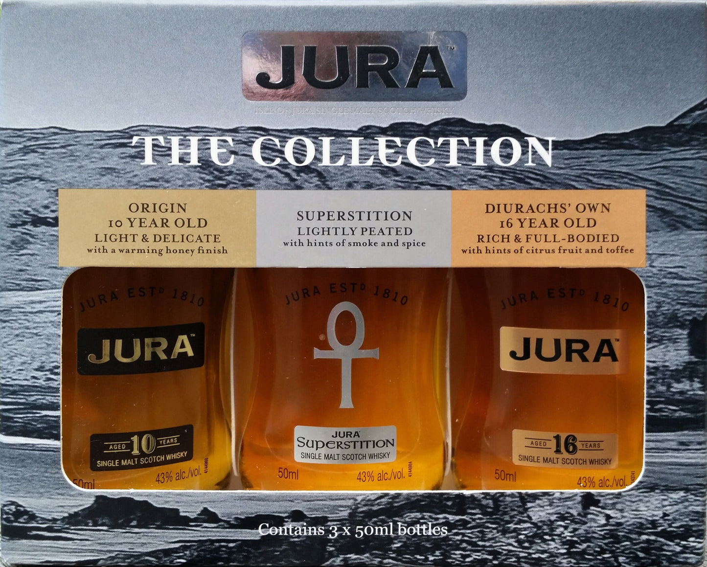 JURA SCOTCH SINGLE MALT THE COLLECTION ORIGIN 16YR/ SUPERSTITION/ DIURACHS 16YR 3X50ML Spirits