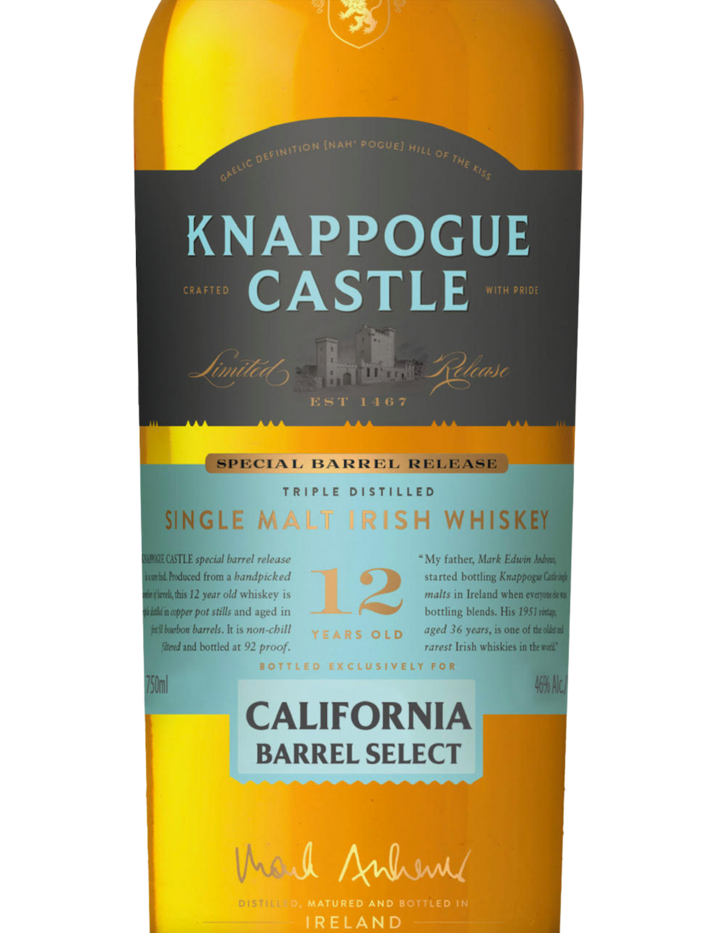 KNAPPOGUE CASTLE WHISKEY SINGLE MALT IRISH CALIFORNIA BARREL SELECT 12YR 750ML