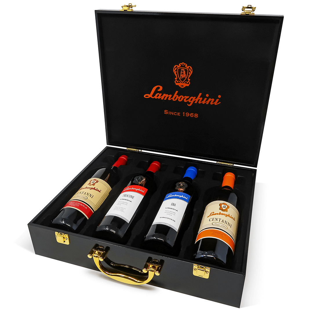 LAMBORGHINI WINE GIFT SET ( CENTANNI GRECHETTO, TRESCONE UNBRIA, ERA UMBRIA, CENTANNI ROSSO ) ITALY 4X750ML