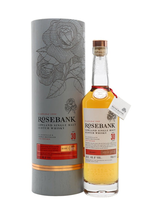 ROSEBANK SCOTCH SINGLE MALT LOWLAND TRIPLE DISTILLED RELEASE 1 BOTTLED IN 2020 30YR