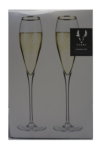 VISKI BELMONT GOLD RIMMED CRYSTAL CHAMPAGNE FLUTES SET OF 2